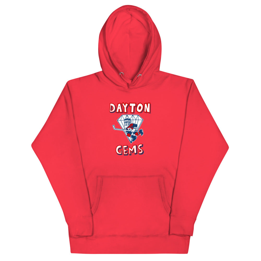 Dayton Gems Hoodie (Premium) with the diamond gem skater with red lettering on the front, view 8
