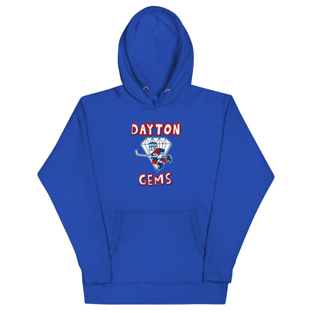 Dayton Gems Hoodie (Premium) with the diamond gem skater with red lettering on the front, view 4