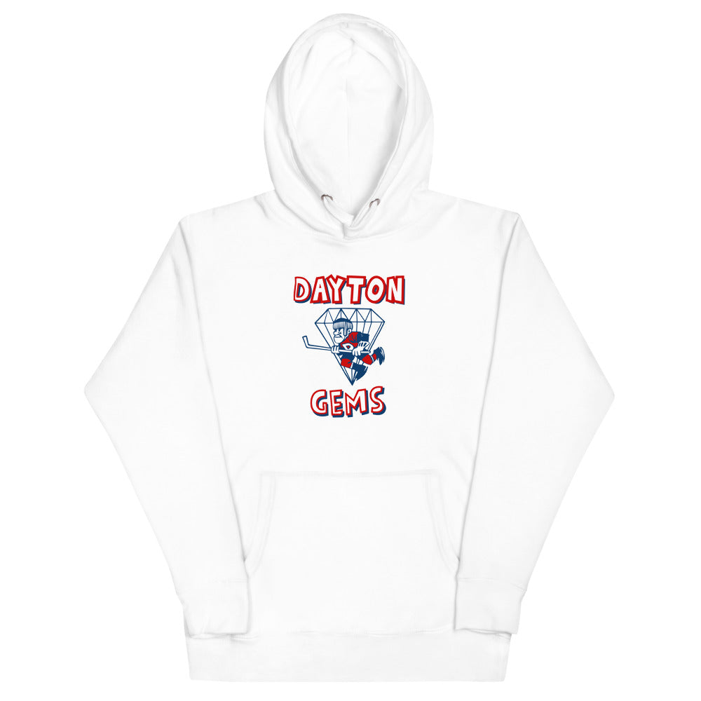 Dayton Gems Hoodie (Premium) with the diamond gem skater with red lettering on the front, view 5