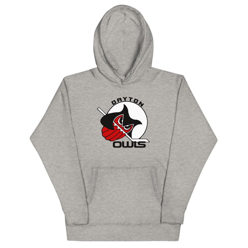 Dayton Owls Hoodie (Premium) with the black and white owl swinging a stick on the front, view 2