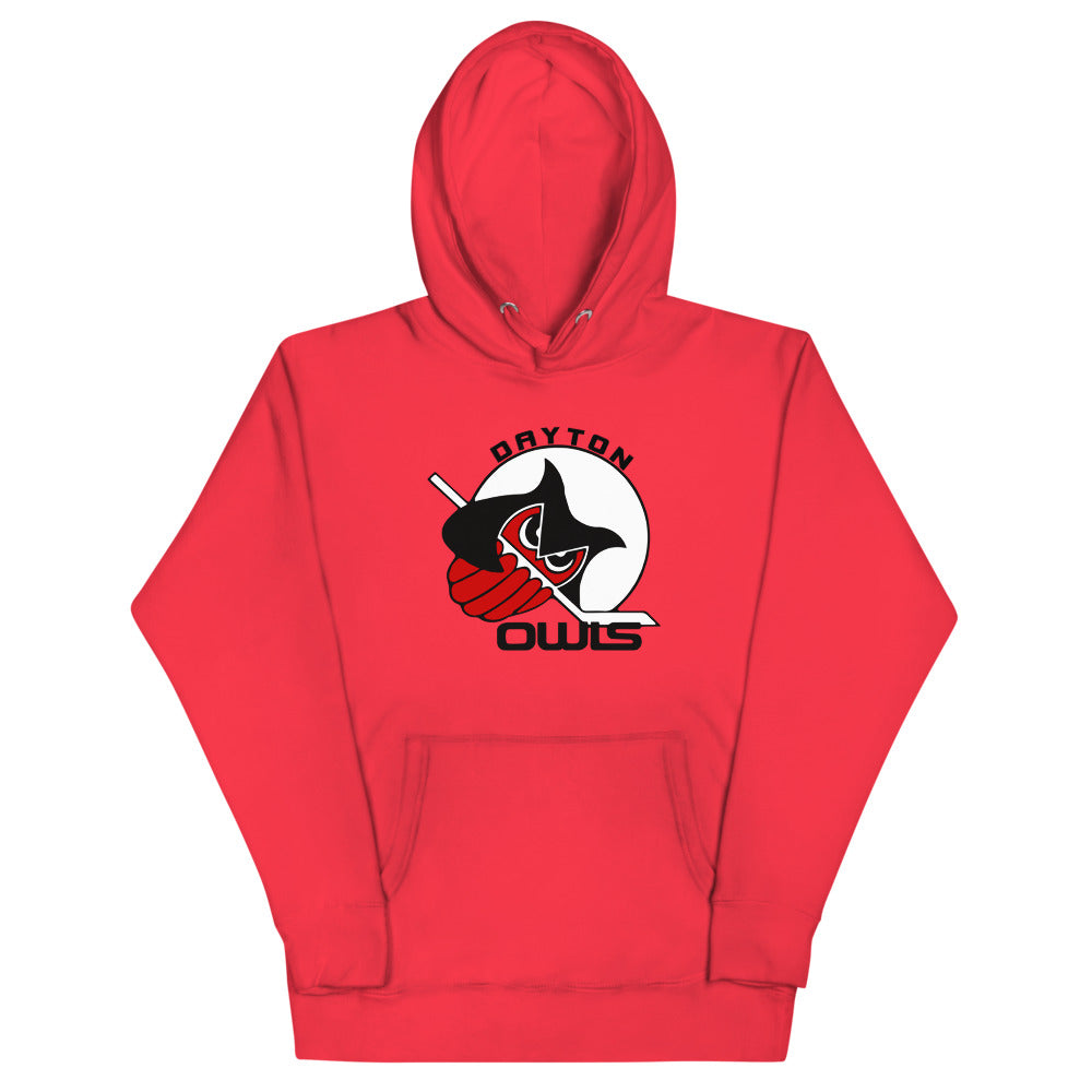 Dayton Owls Hoodie (Premium) with the black and white owl swinging a stick on the front