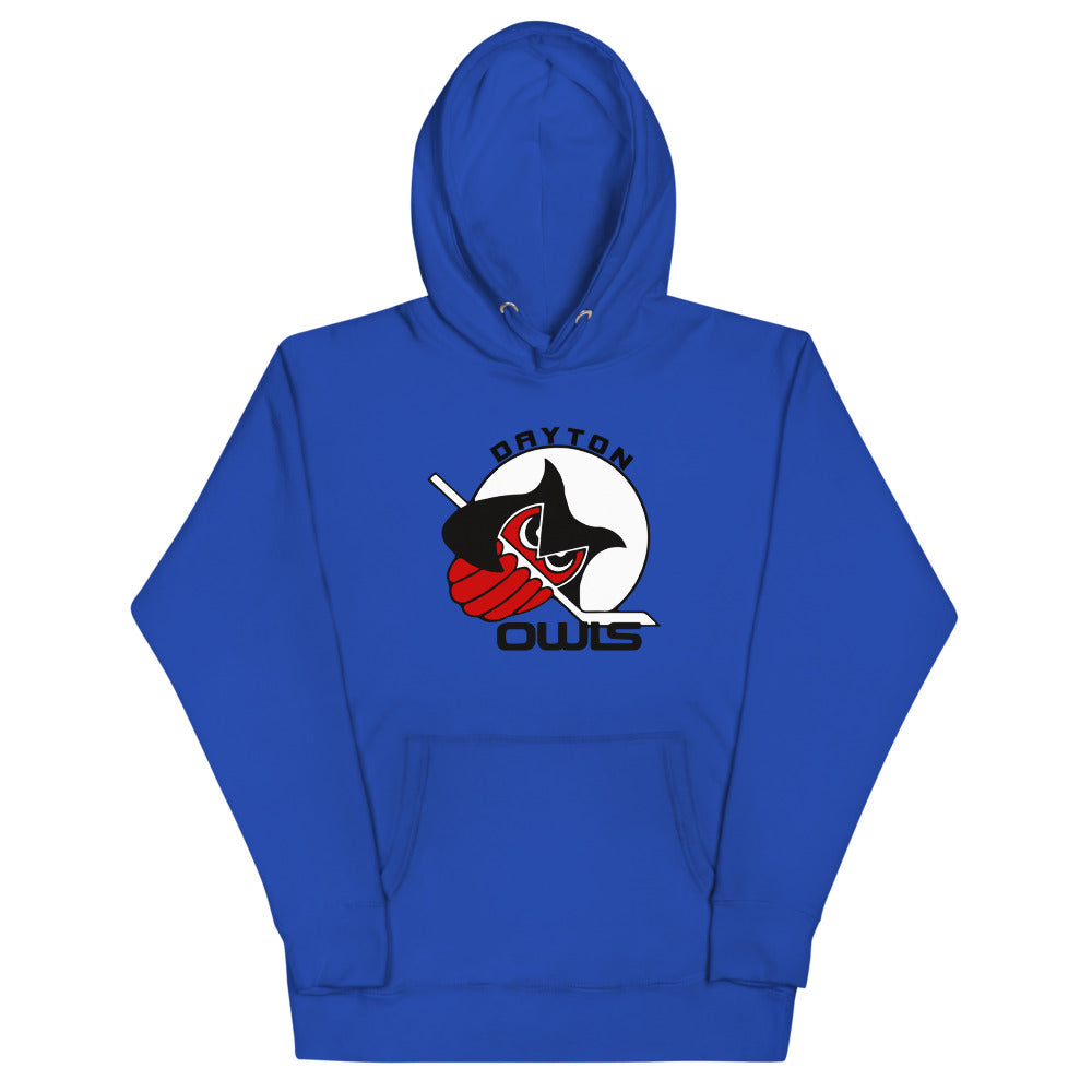 Dayton Owls Hoodie (Premium) with the black and white owl swinging a stick on the front, view 3