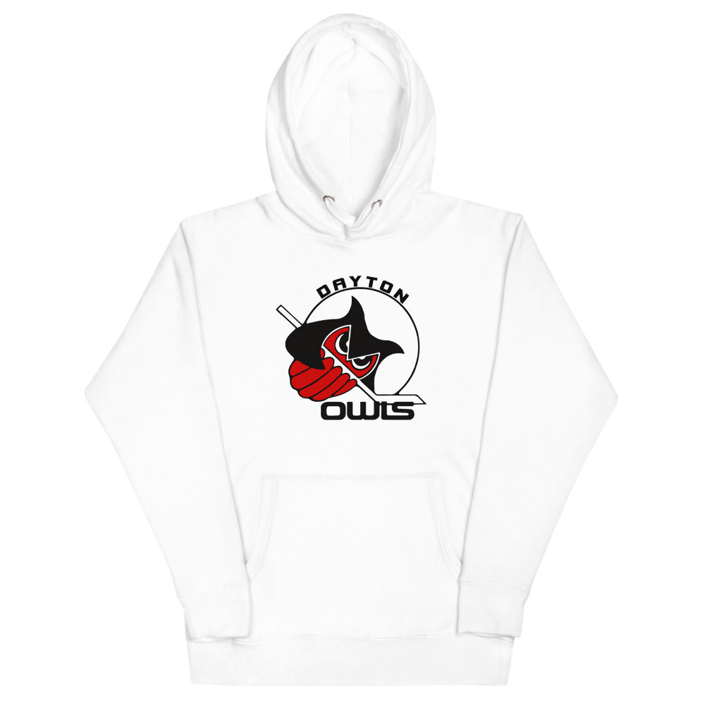Dayton Owls Hoodie (Premium) with the black and white owl swinging a stick on the front, view 4