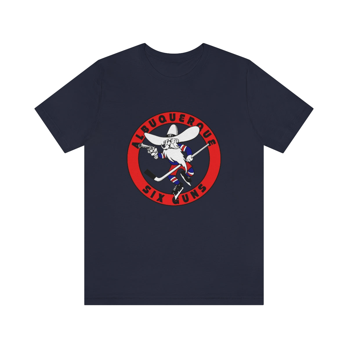 CLEARANCE Albuquerque Six Guns T-Shirt (Premium Lightweight) in navy with the sombrero-wearing skater in a red ring on the front
