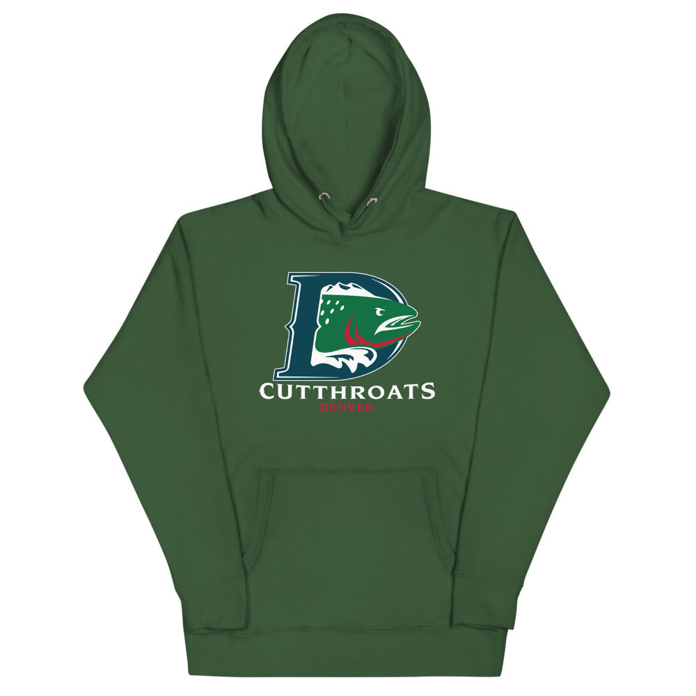 Denver Cutthroats Hoodie (Premium) with the D logo with a trout head and white lettering on the front, view 2