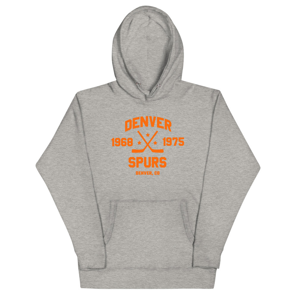 Denver Spurs Dated Hoodie (Premium) with the orange block lettering with crossed sticks and years on the front