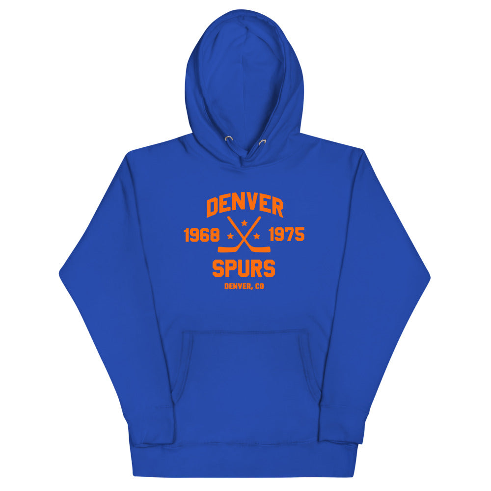 Denver Spurs Dated Hoodie (Premium) with the orange block lettering with crossed sticks and years on the front, view 2