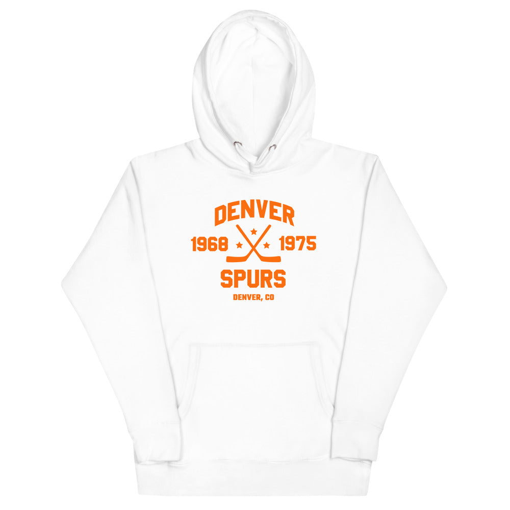 Denver Spurs Dated Hoodie (Premium) with the orange block lettering with crossed sticks and years on the front, view 3