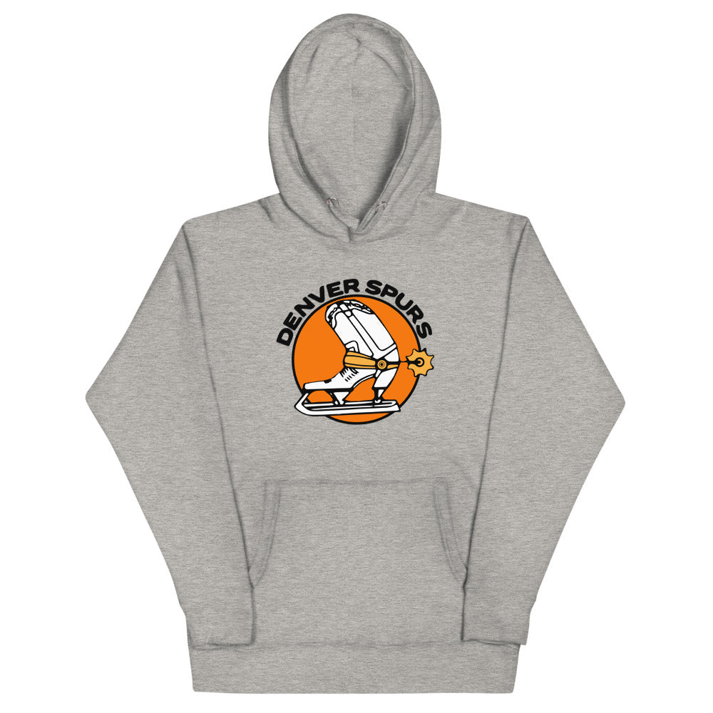 Denver Spurs Hoodie (Premium) with the orange round logo of a skate with a spur on the front, view 3