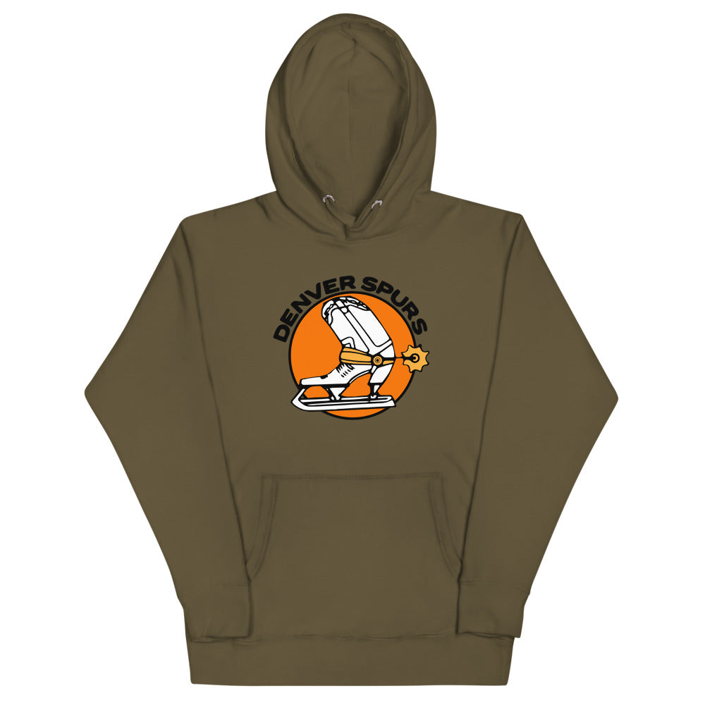 Denver Spurs Hoodie (Premium) with the orange round logo of a skate with a spur on the front, view 2
