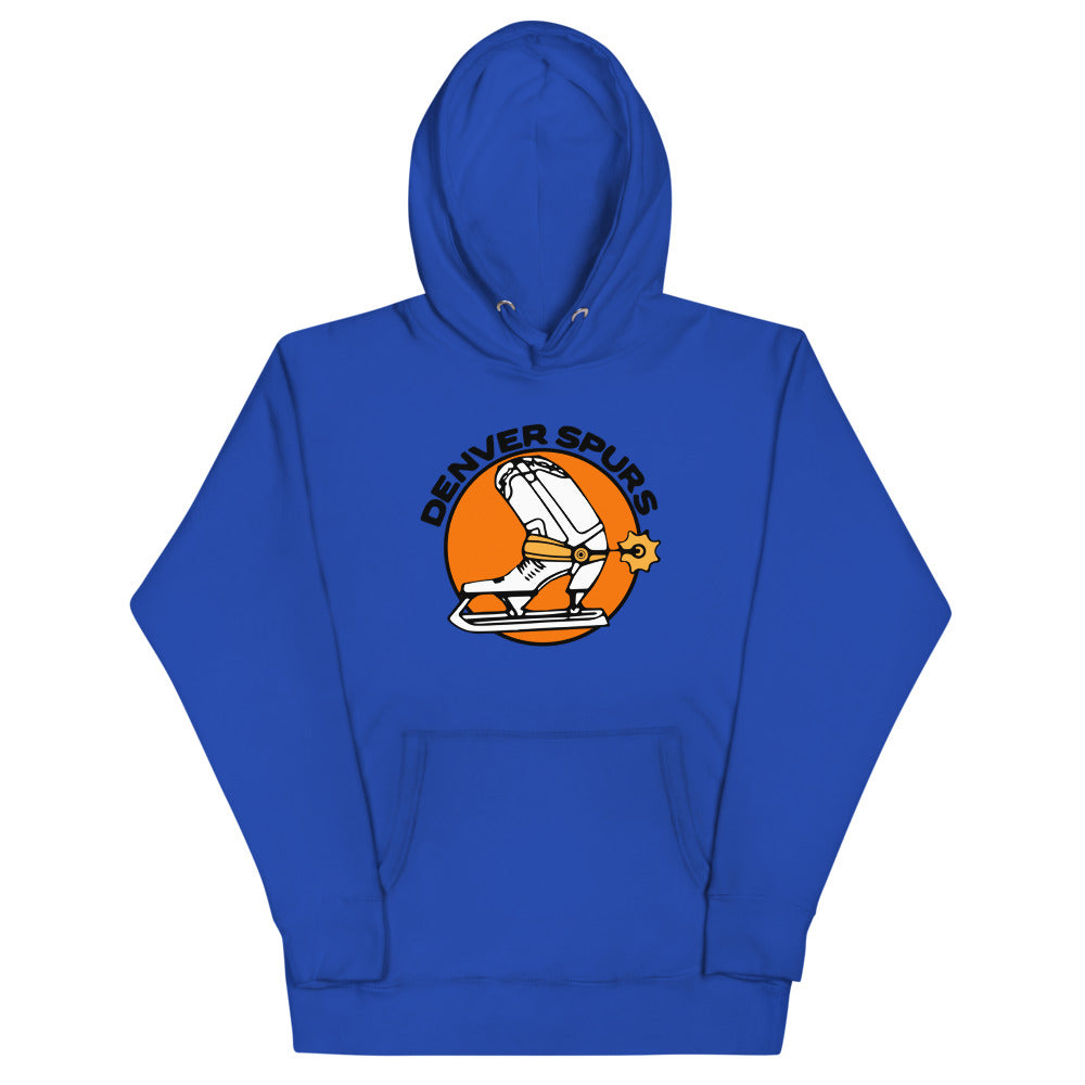 Denver Spurs Hoodie (Premium) with the orange round logo of a skate with a spur on the front, view 4
