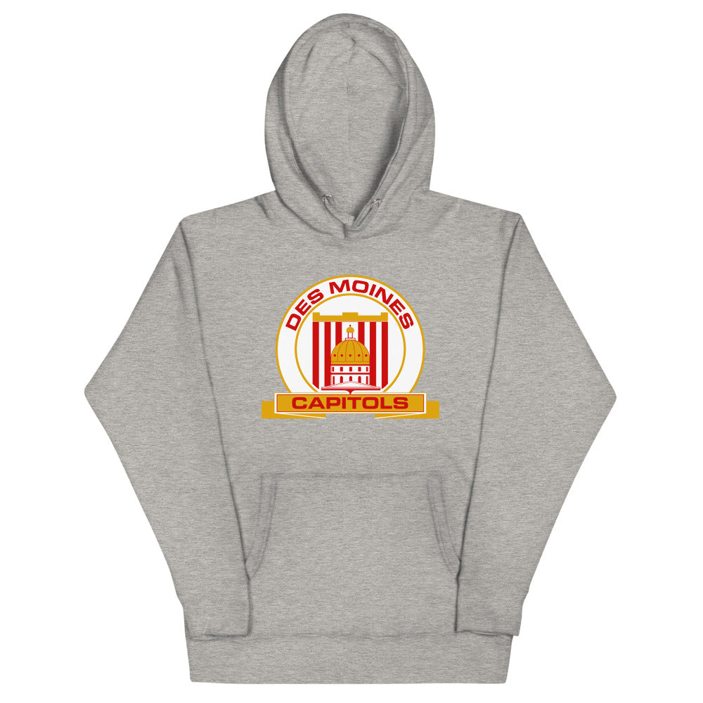 Des Moines Capitols Hoodie (Premium) with the round capitol building logo in red and gold on the front, view 2
