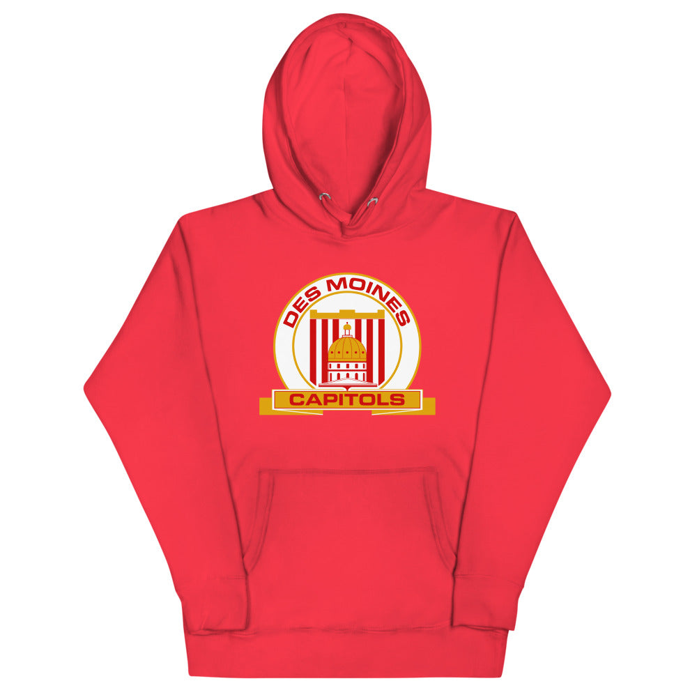 Des Moines Capitols Hoodie (Premium) with the round capitol building logo in red and gold on the front