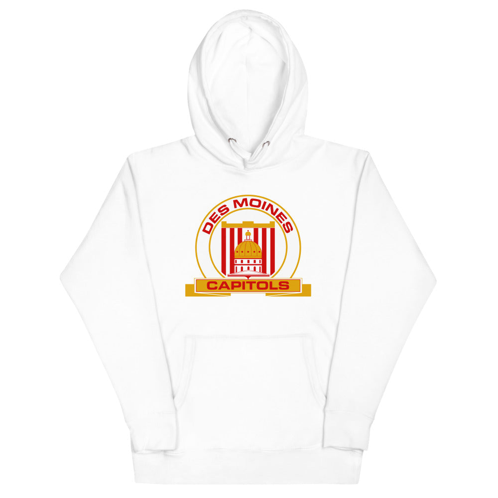 Des Moines Capitols Hoodie (Premium) with the round capitol building logo in red and gold on the front, view 3