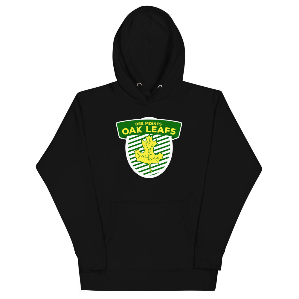 Des Moines Oak Leafs Shield Hoodie (Premium) with the green striped shield with a gold oak leaf on the front, view 4