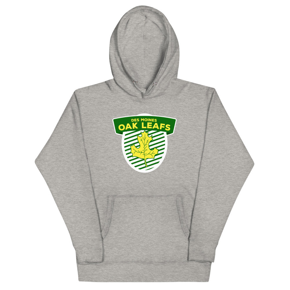 Des Moines Oak Leafs Shield Hoodie (Premium) with the green striped shield with a gold oak leaf on the front, view 2