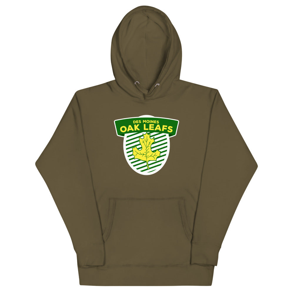 Des Moines Oak Leafs Shield Hoodie (Premium) with the green striped shield with a gold oak leaf on the front