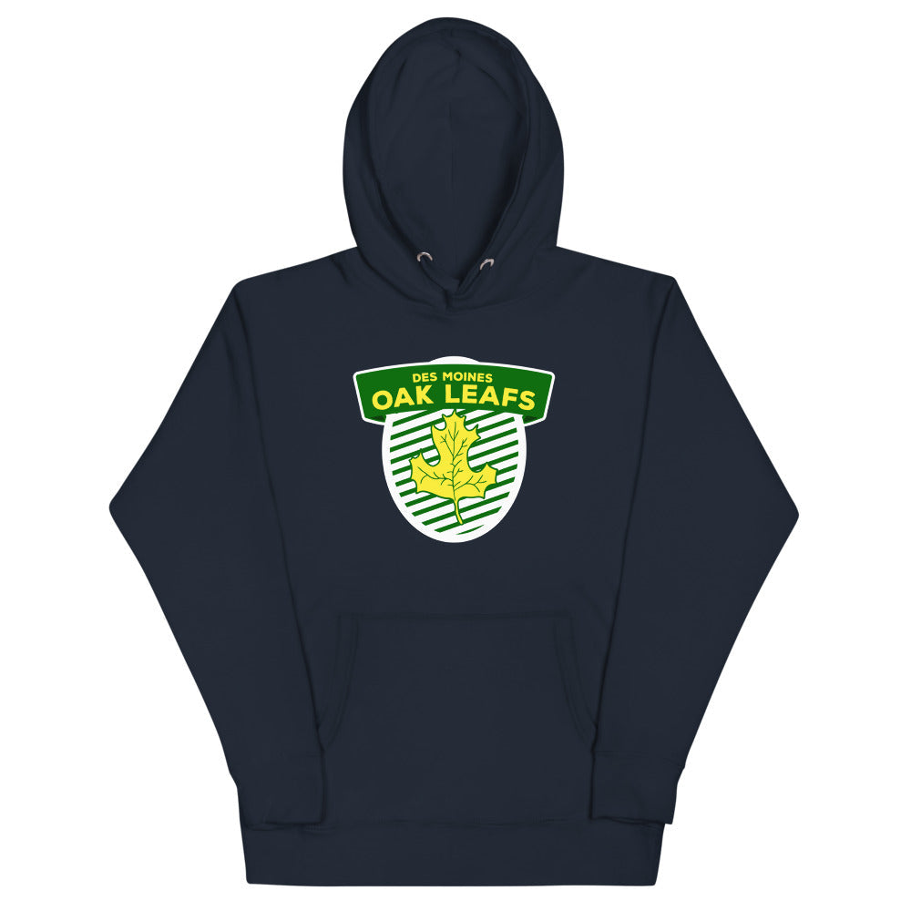 Des Moines Oak Leafs Shield Hoodie (Premium) with the green striped shield with a gold oak leaf on the front, view 5