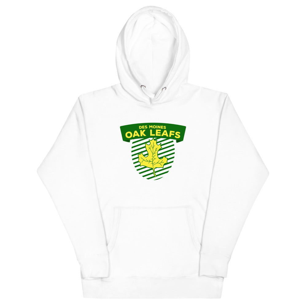 Des Moines Oak Leafs Shield Hoodie (Premium) with the green striped shield with a gold oak leaf on the front, view 3
