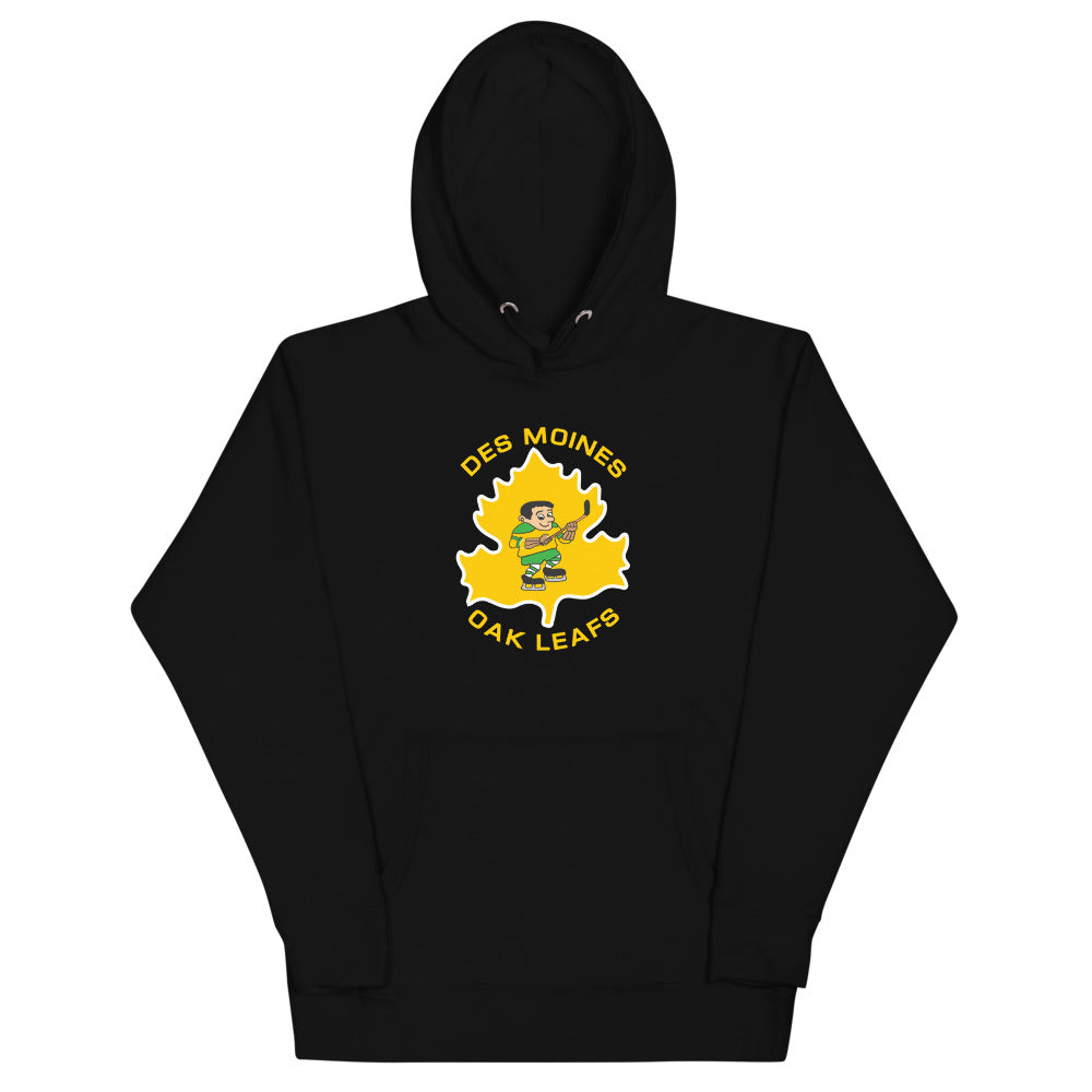 Des Moines Oak Leafs Skater Hoodie (Premium) with the skater on a gold oak leaf on the front, view 3