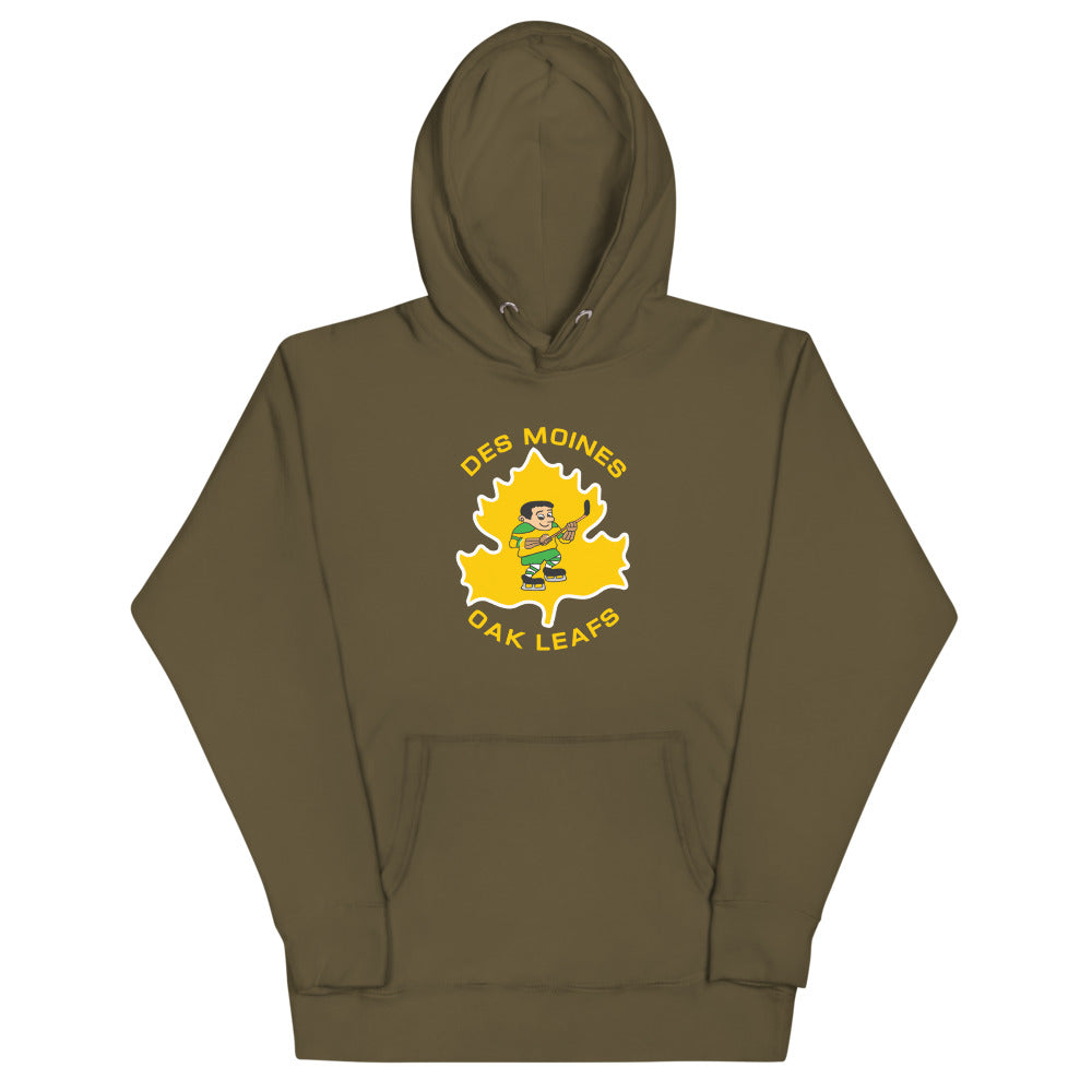 Des Moines Oak Leafs Skater Hoodie (Premium) with the skater on a gold oak leaf on the front