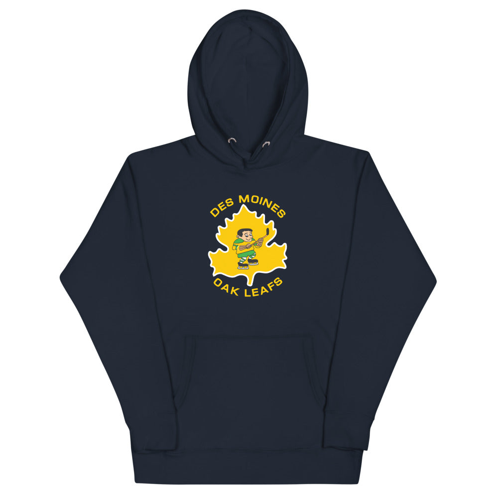 Des Moines Oak Leafs Skater Hoodie (Premium) with the skater on a gold oak leaf on the front, view 4