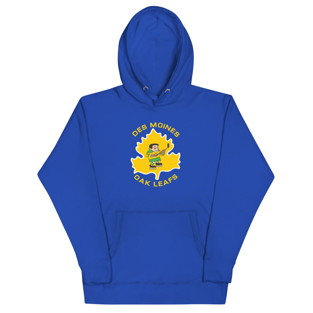 Des Moines Oak Leafs Skater Hoodie (Premium) with the skater on a gold oak leaf on the front, view 2