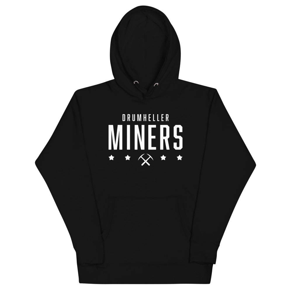 Drumheller Miners Hoodie (Premium) with the white block wordmark with stars and crossed picks on the front