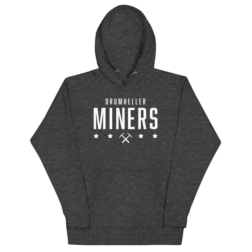 Drumheller Miners Hoodie (Premium) with the white block wordmark with stars and crossed picks on the front, view 2