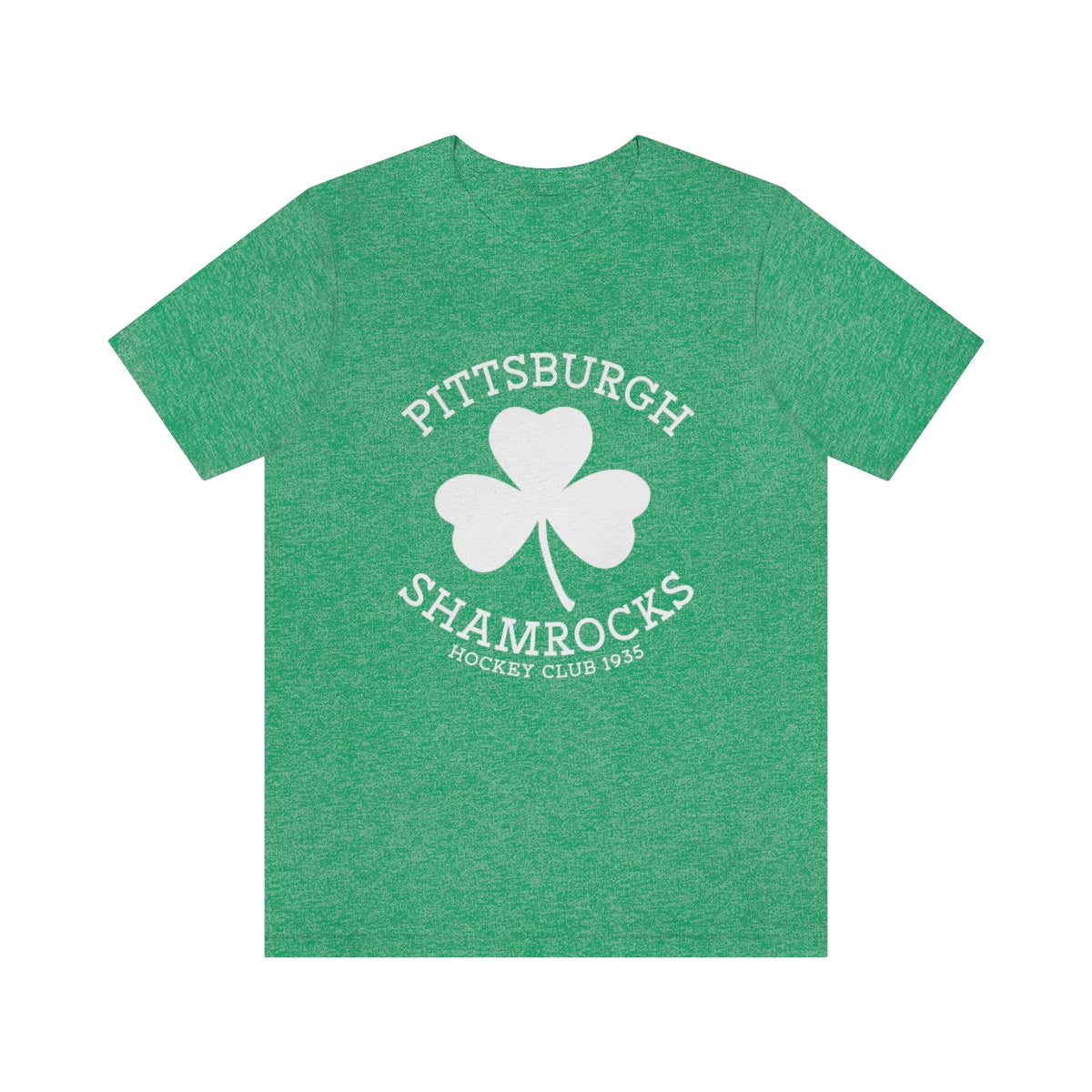CLEARANCE Pittsburgh Shamrocks T-Shirt (Premium Lightweight) in heather kelly with the white shamrock in an arched lettering ring on the front