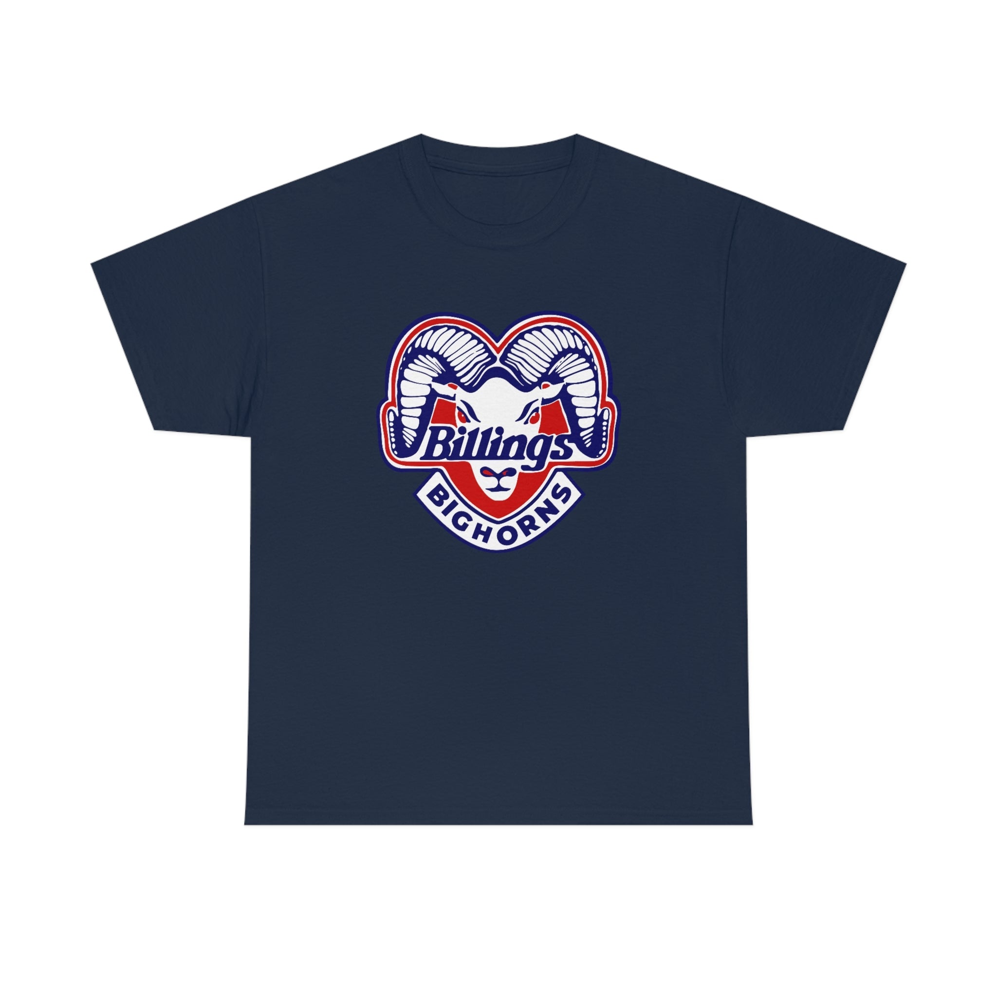CLEARANCE Billings Bighorns T-Shirt in navy with the ram's horns crest with red script on the front