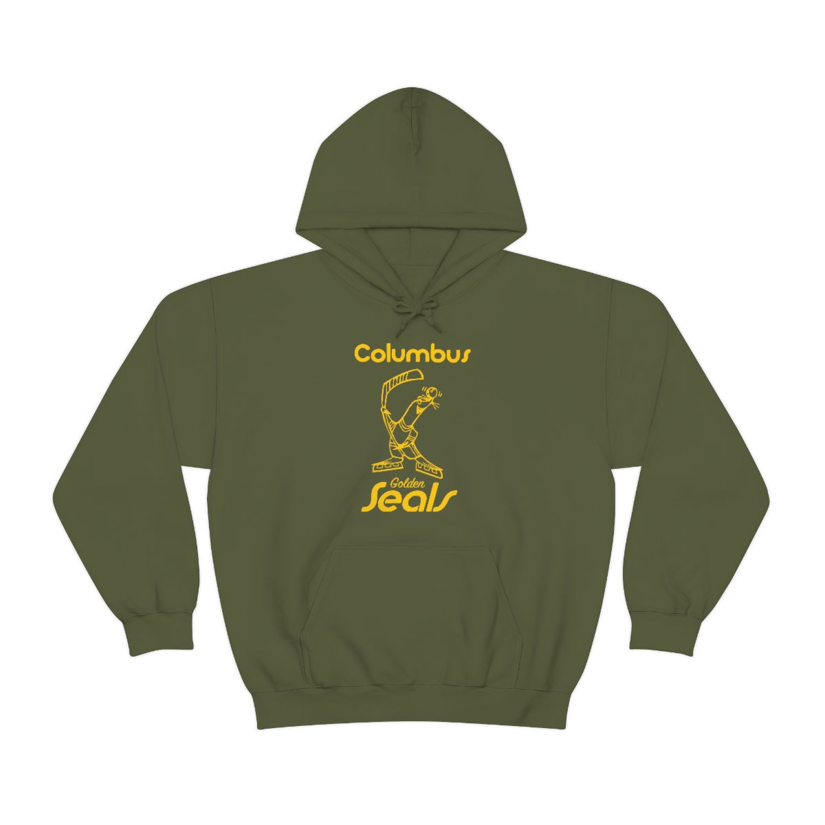 CLEARANCE Columbus Golden Seals Hoodie in military green with the gold seal skater with gold script lettering on the front