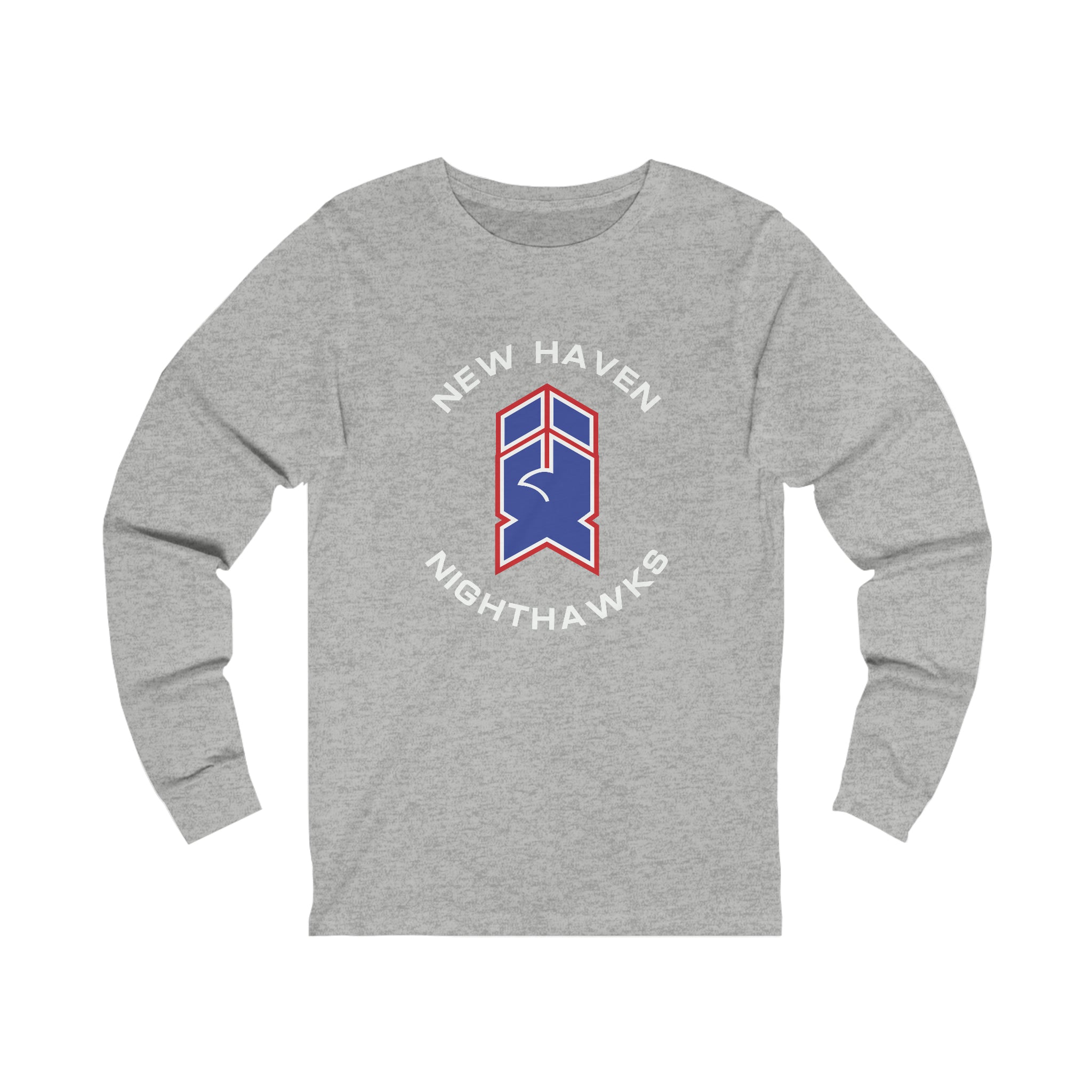 New Haven Nighthawks 1980s Long Sleeve Shirt with the blue and red hawk-head emblem with arched lettering on the front, view 5