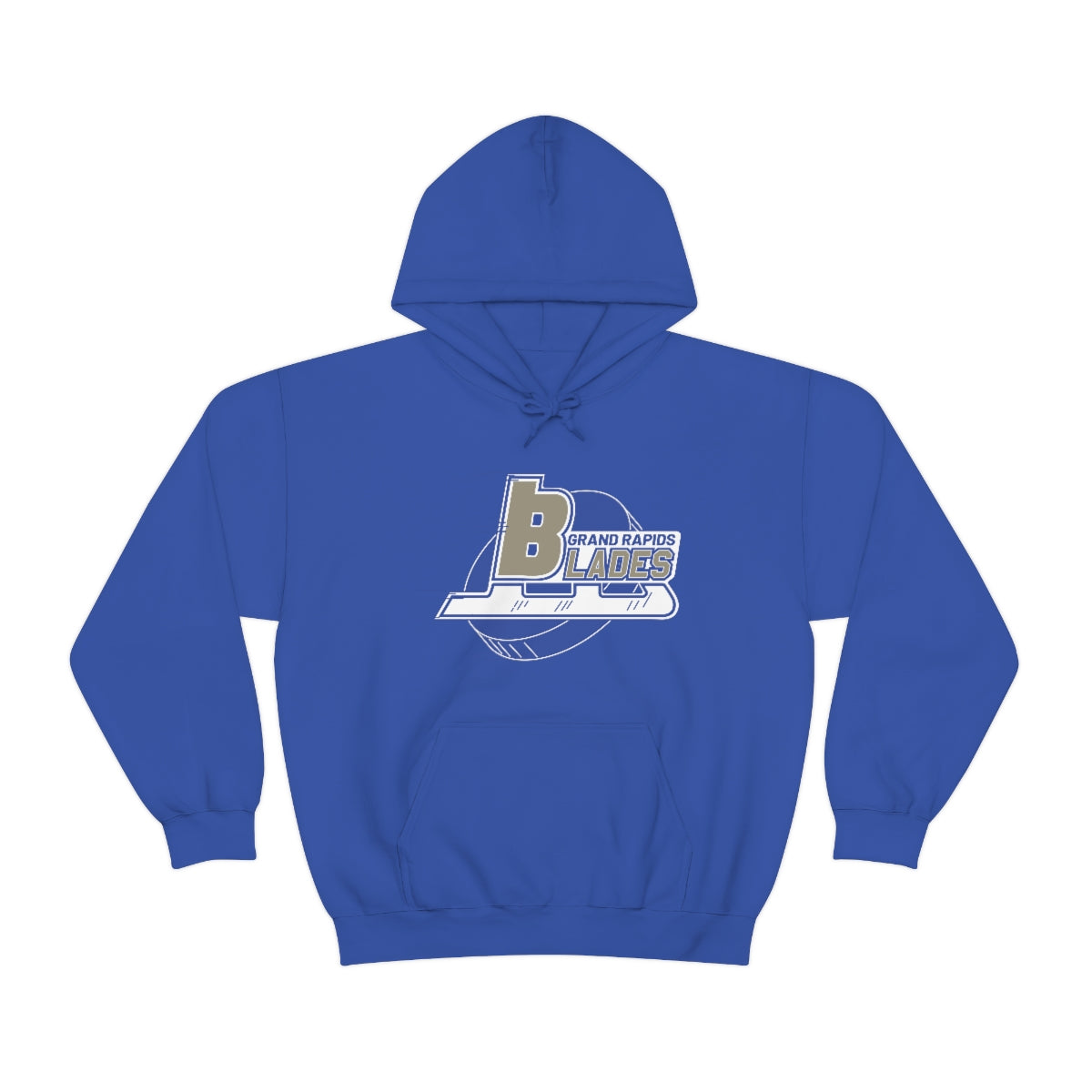 CLEARANCE Grand Rapids Blades Hoodie in royal with the silver B wordmark over a puck with speed lines on the front
