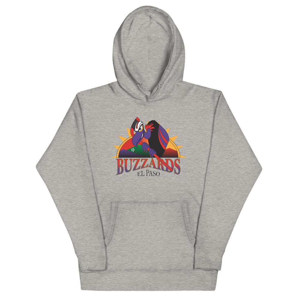 El Paso Buzzards Hoodie (Premium) with the buzzard in front of a desert sun on the front