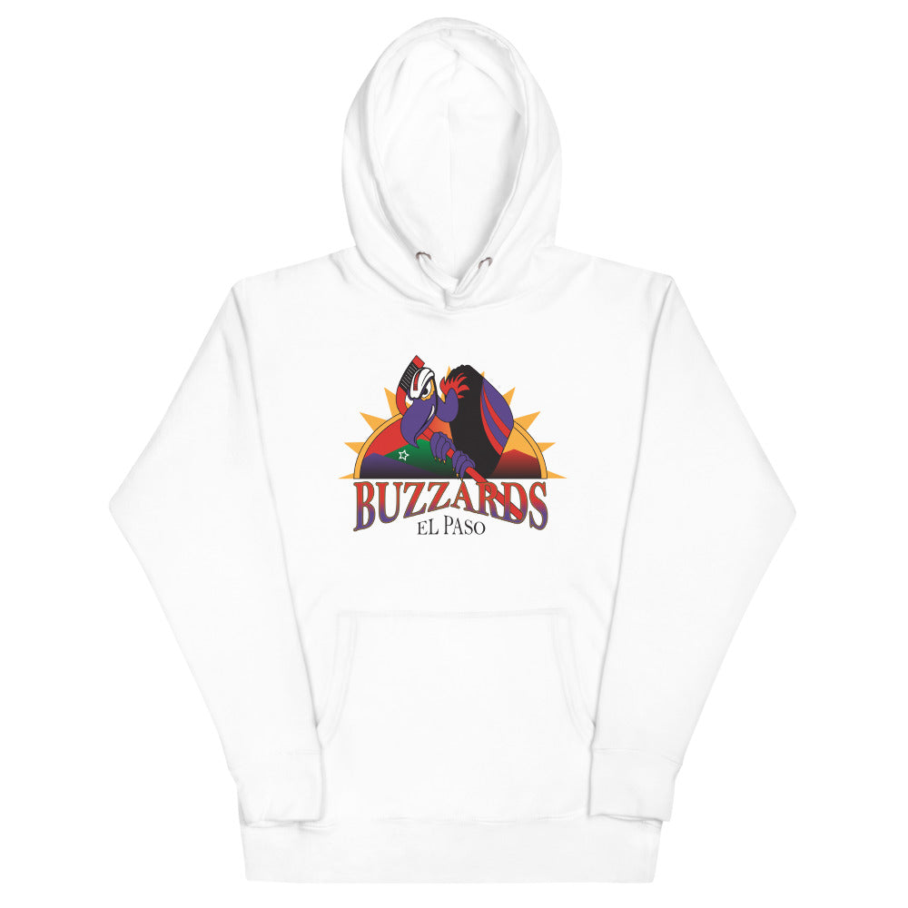 El Paso Buzzards Hoodie (Premium) with the buzzard in front of a desert sun on the front, view 2