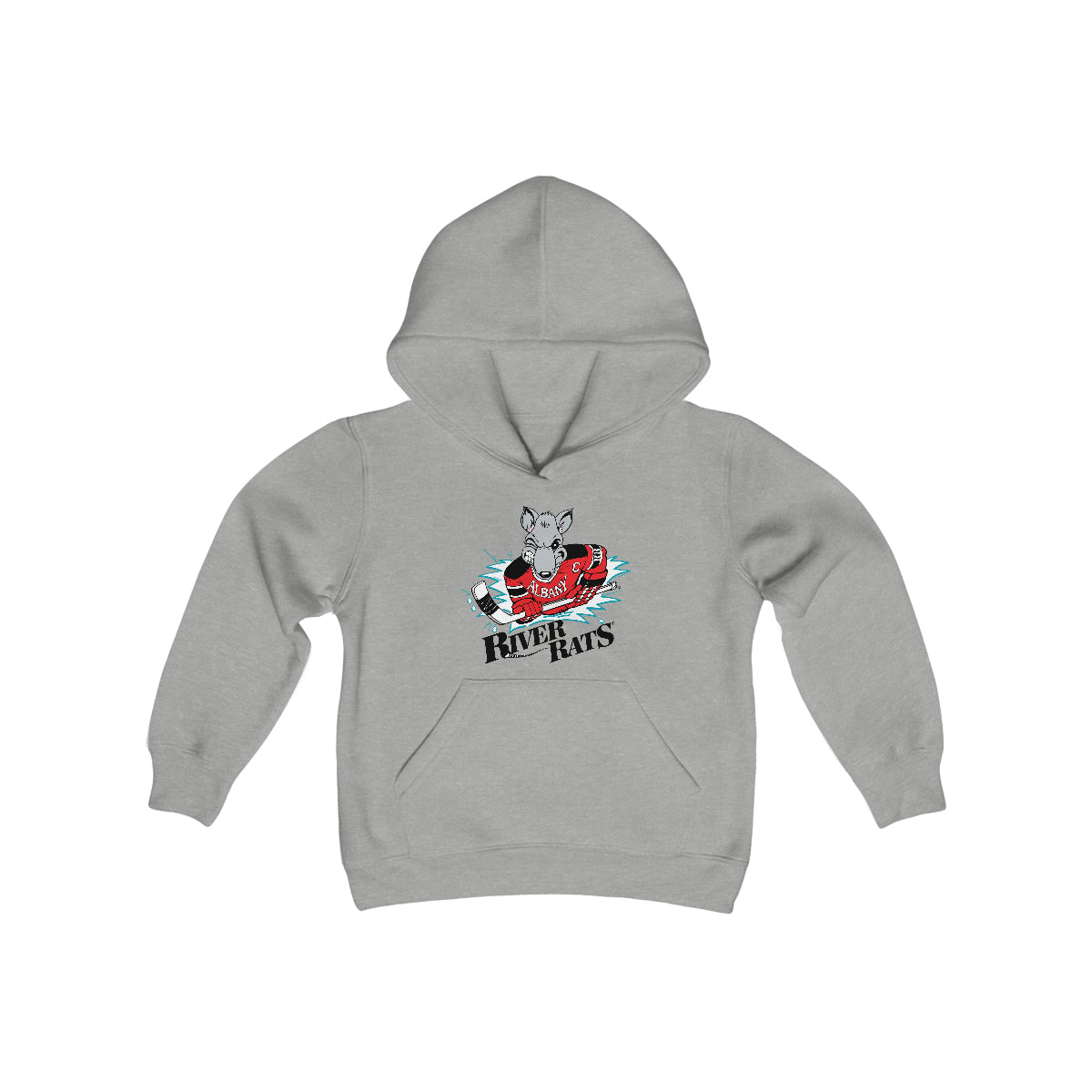 CLEARANCE Albany River Rats Hoodie (Youth) in grey with the rat mascot in a red jersey over script lettering on the front