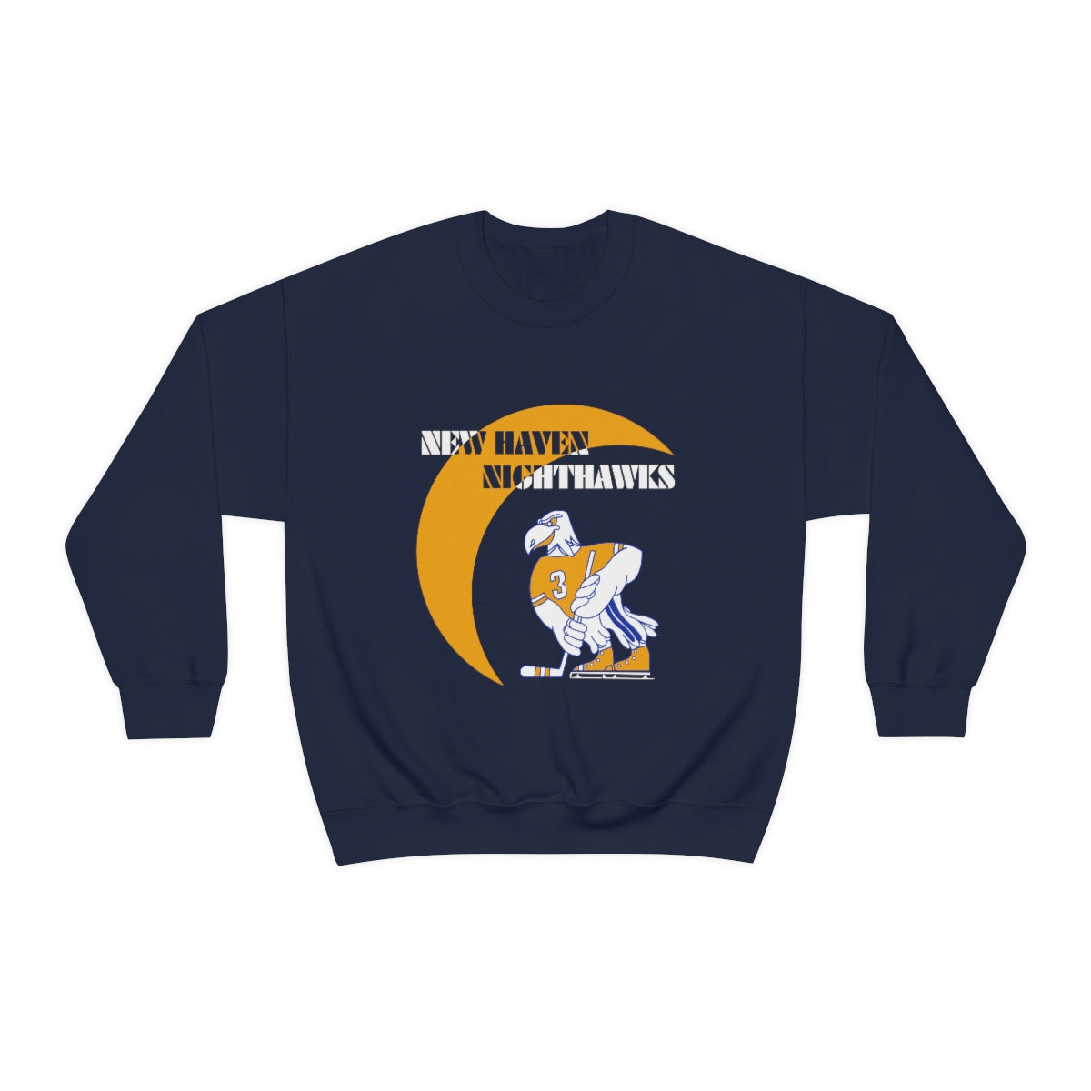 CLEARANCE New Haven Nighthawks 1970s Crewneck Sweatshirt in navy with the orange crescent moon with a nighthawk skater on the front