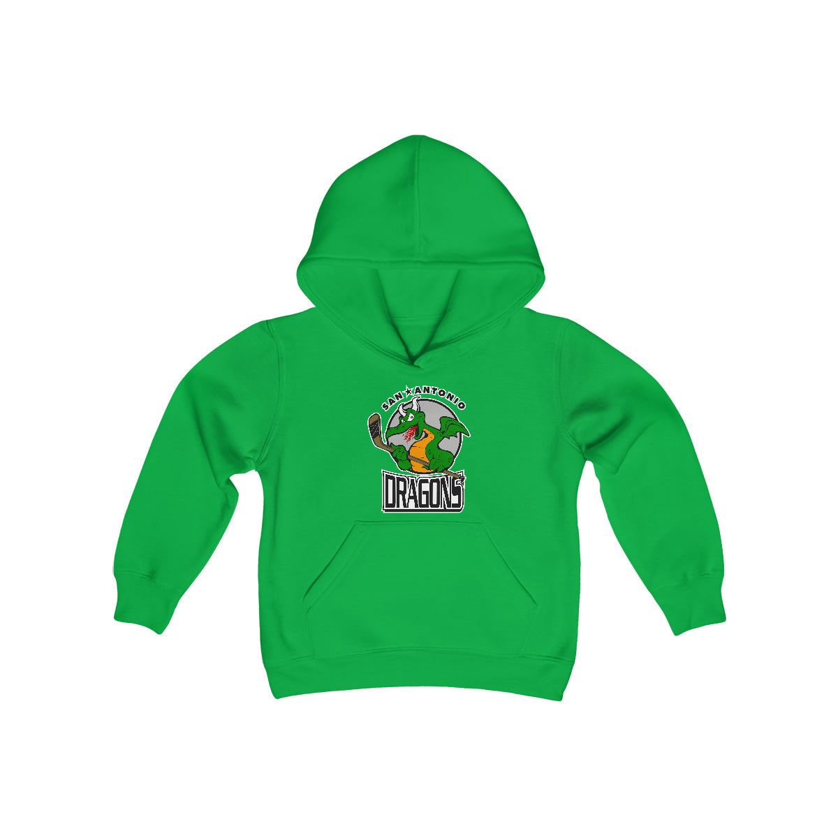 CLEARANCE San Antonio Dragons Hoodie (Youth) in irish green with the green dragon mascot with a stick on the front