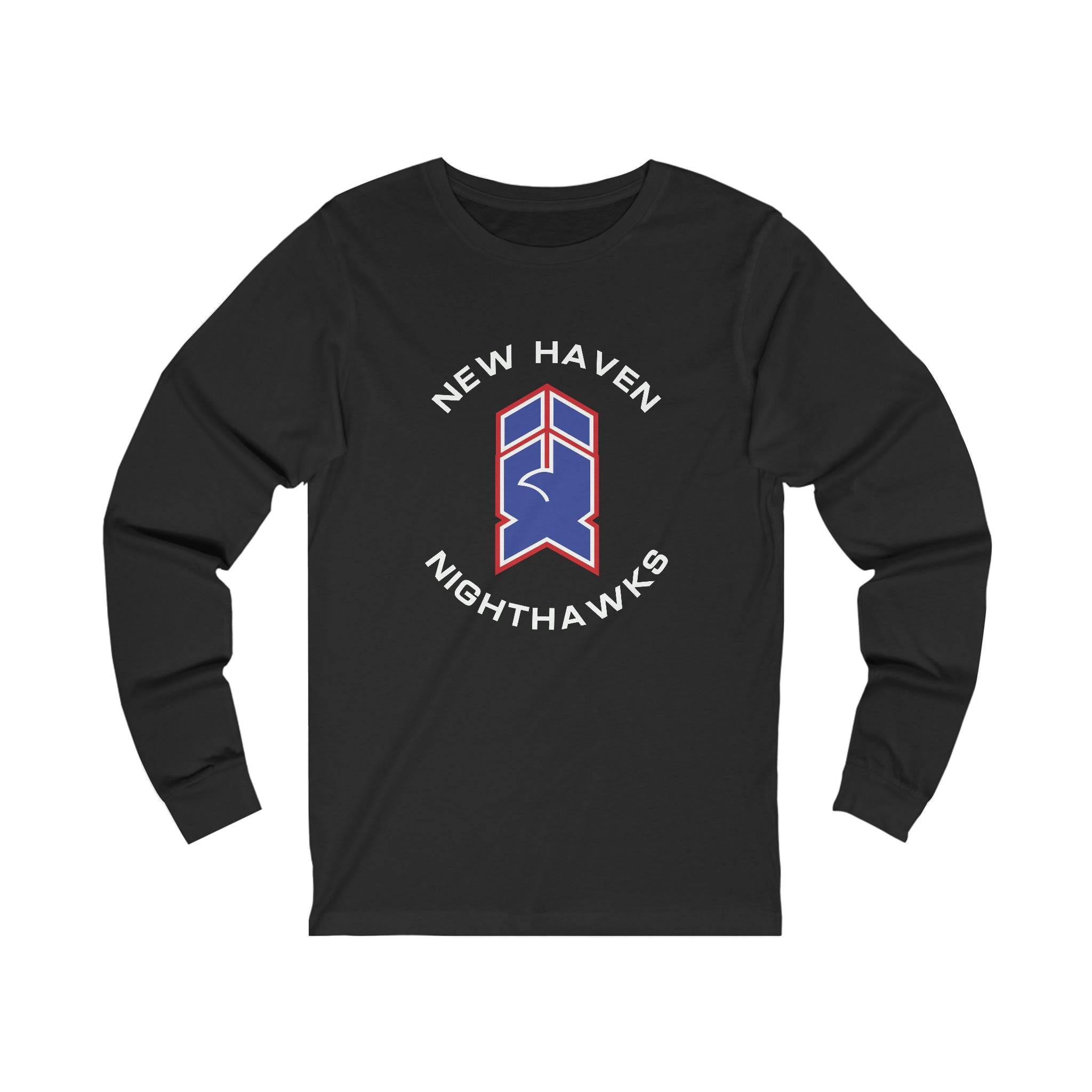 New Haven Nighthawks 1980s Long Sleeve Shirt with the blue and red hawk-head emblem with arched lettering on the front, view 3