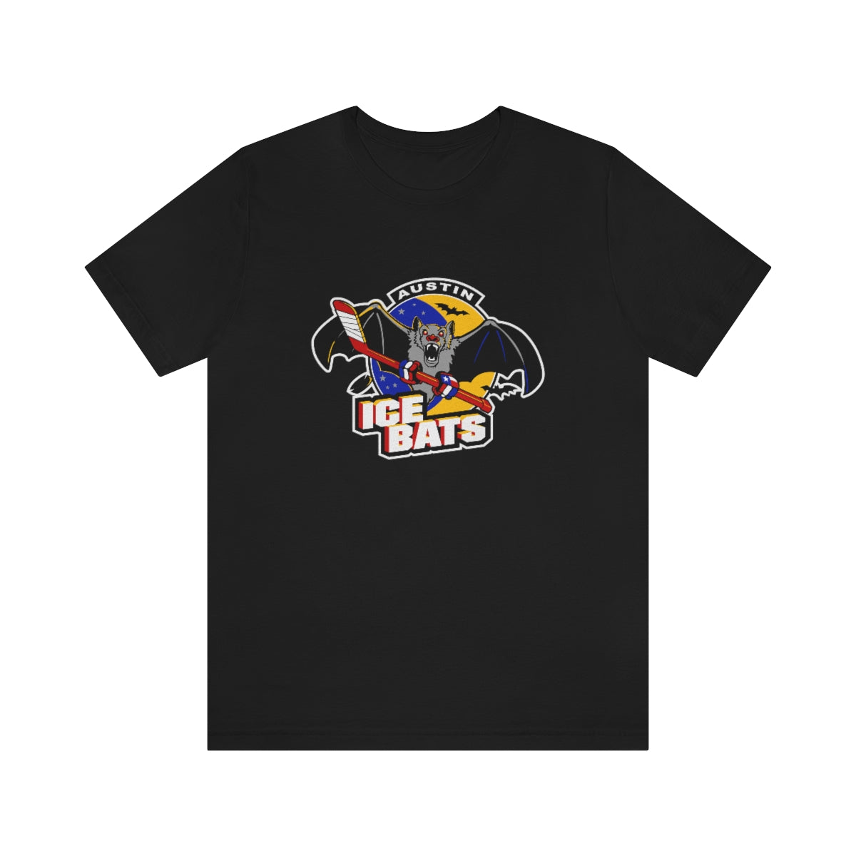 CLEARANCE Austin Ice Bats T-Shirt (Premium Lightweight) in black with the bat mascot with a stick and yellow wings on the front
