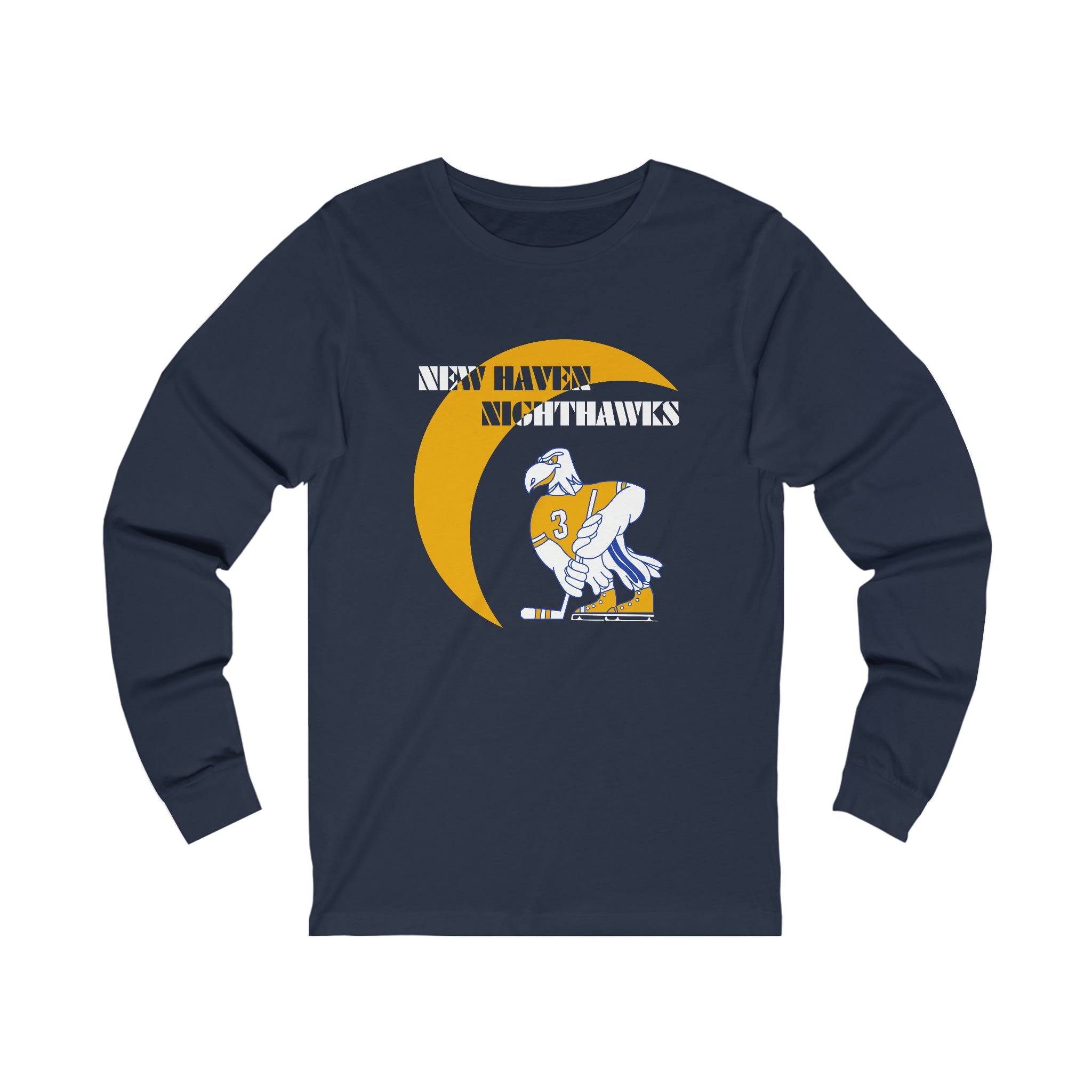 New Haven Nighthawks 1970s Long Sleeve Shirt with the cartoon hawk skater with a gold crescent moon on the front