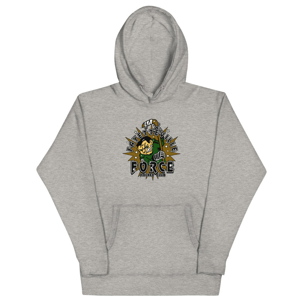 Fayetteville Force Hoodie (Premium) with the cartoon soldier mascot with block lettering on the front, view 2