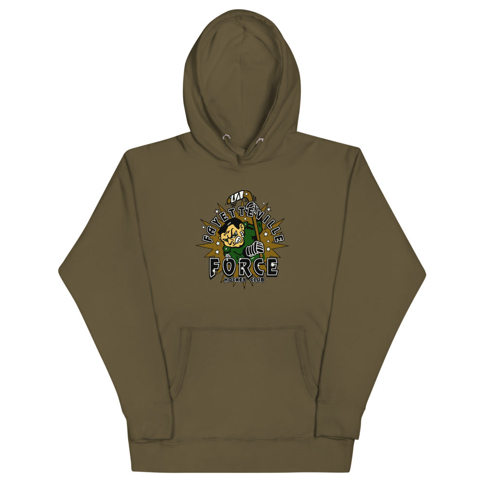 Fayetteville Force Hoodie (Premium) with the cartoon soldier mascot with block lettering on the front