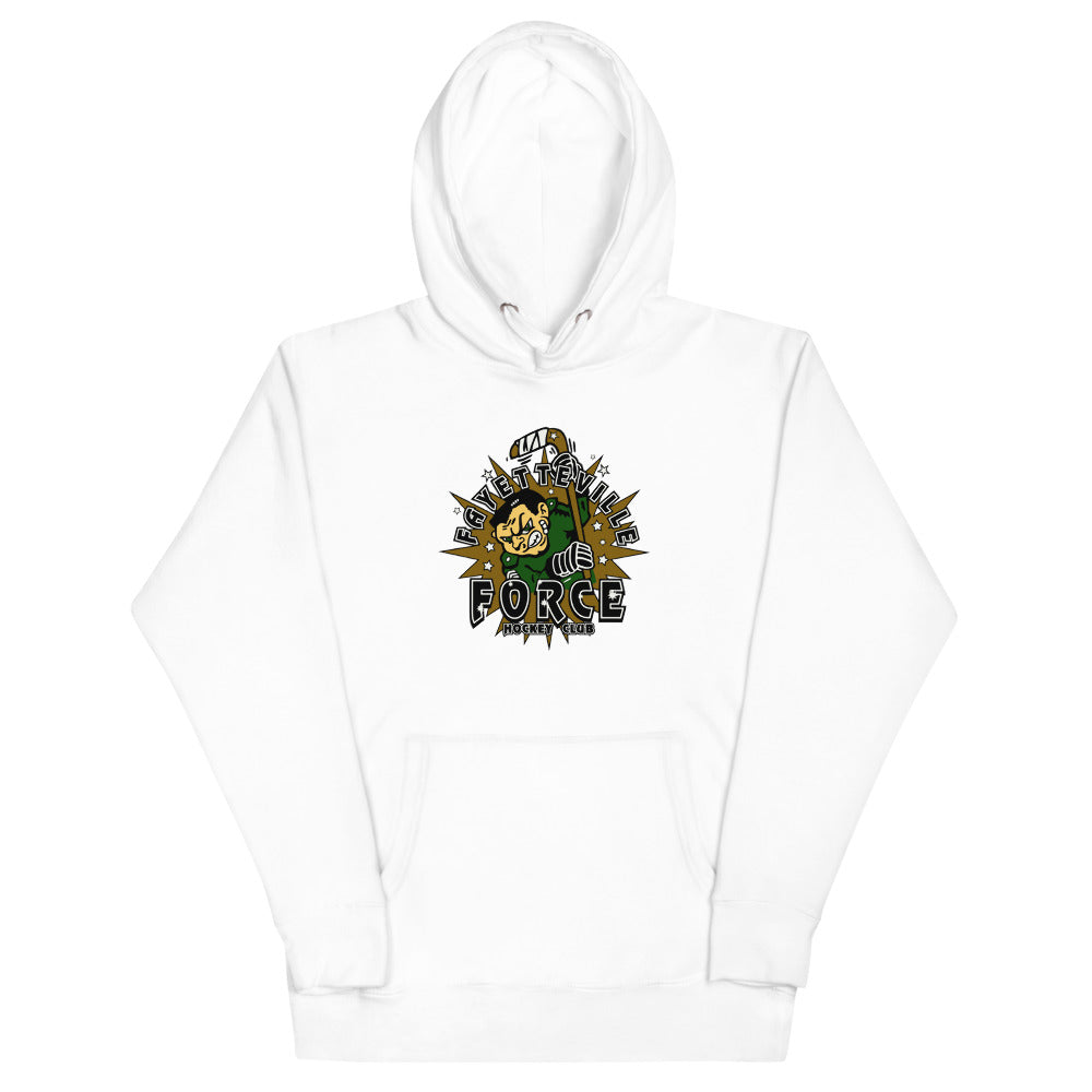 Fayetteville Force Hoodie (Premium) with the cartoon soldier mascot with block lettering on the front, view 3