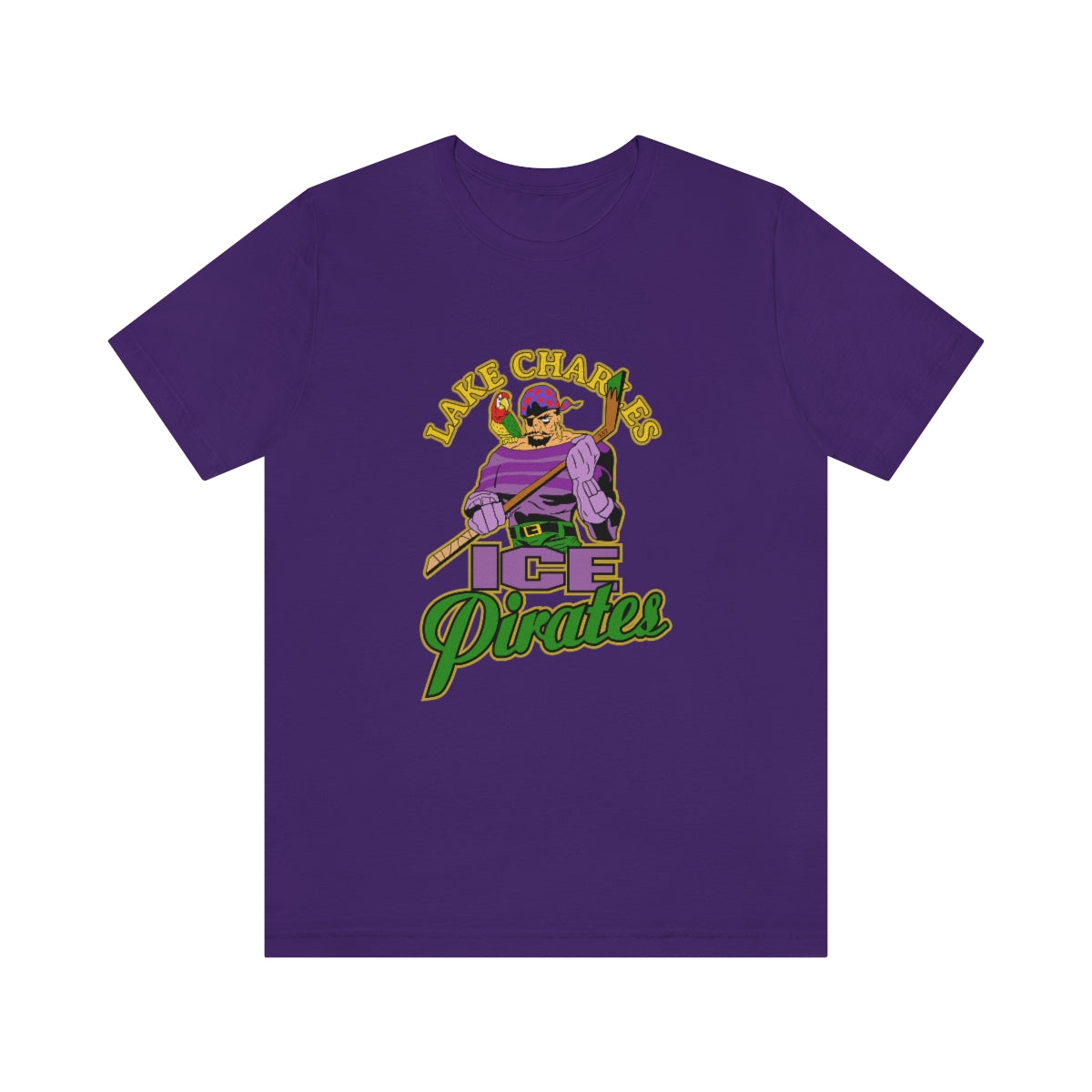 CLEARANCE Lake Charles Ice Pirates T-Shirt (Premium Lightweight) in team purple with the purple pirate skater over green script lettering on the front