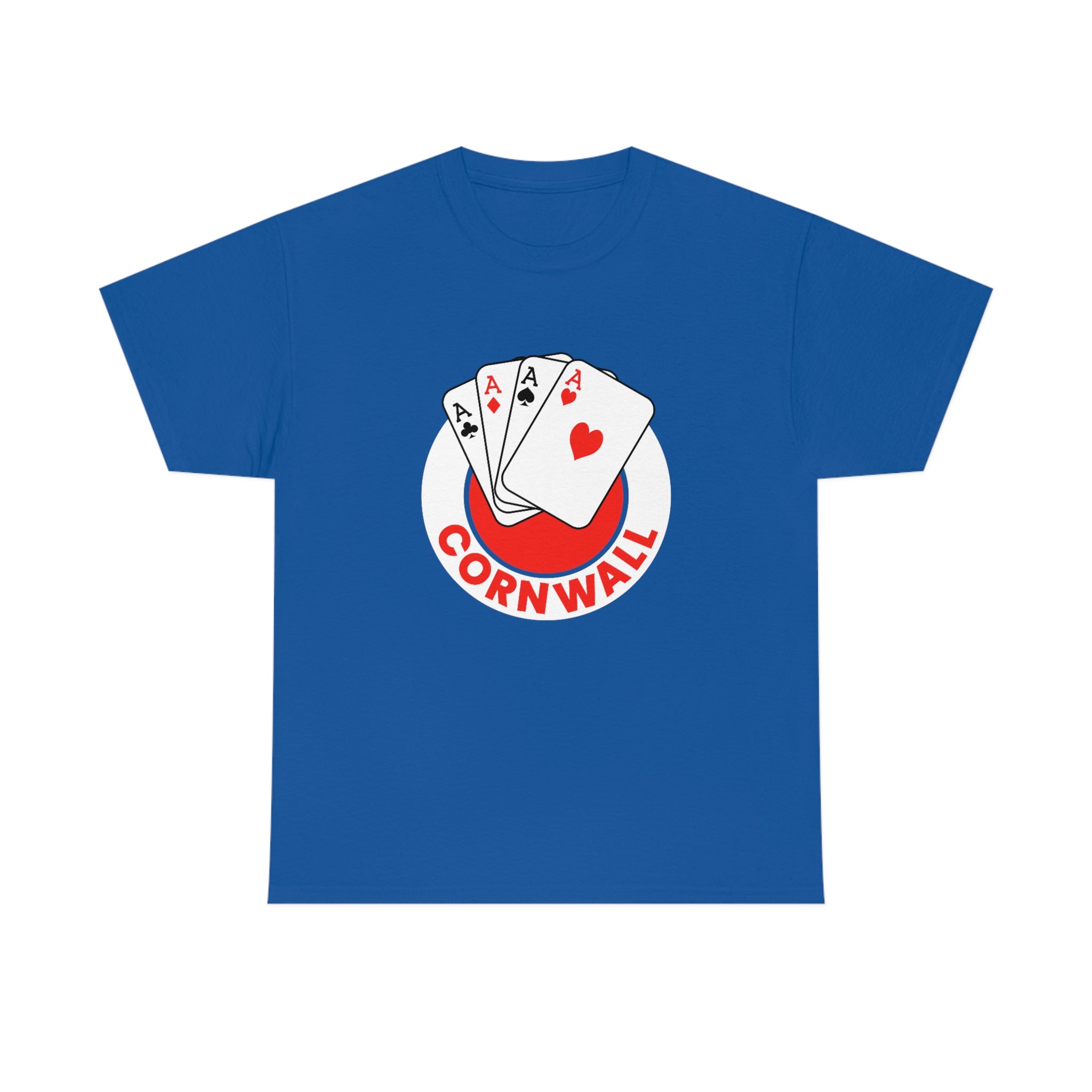 CLEARANCE Cornwall Aces T-Shirt in royal with the round logo with a fan of aces and a stick on the front