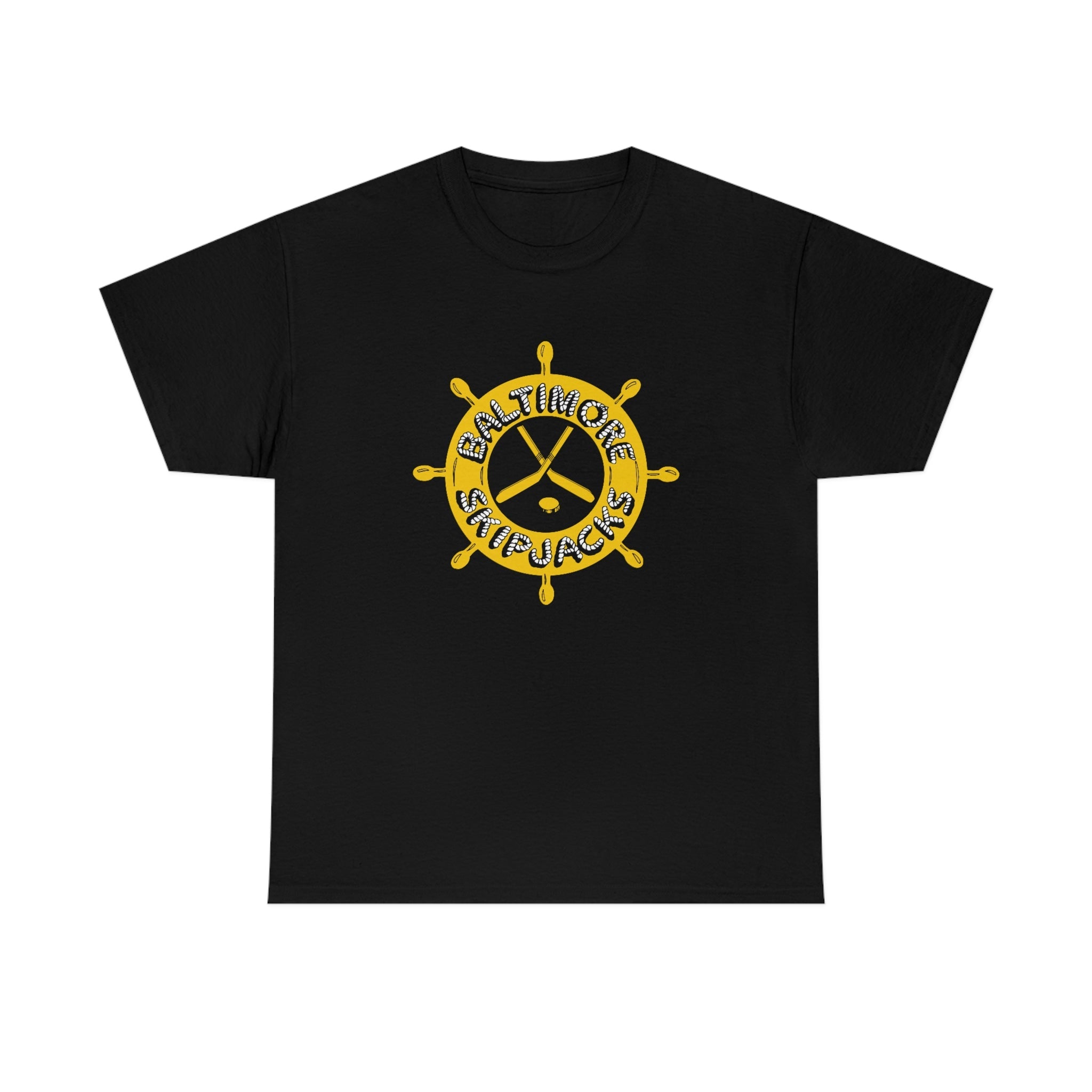 CLEARANCE Baltimore Skipjacks 1982 T-Shirt in black with the gold ship's wheel with crossed sticks on the front