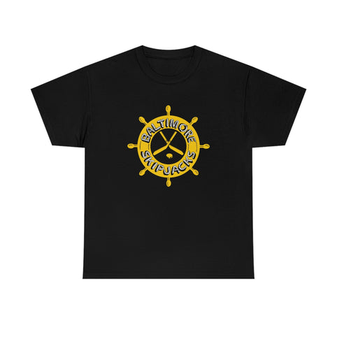 CLEARANCE Baltimore Skipjacks 1982 T-Shirt in black with the gold ship's wheel with crossed sticks on the front