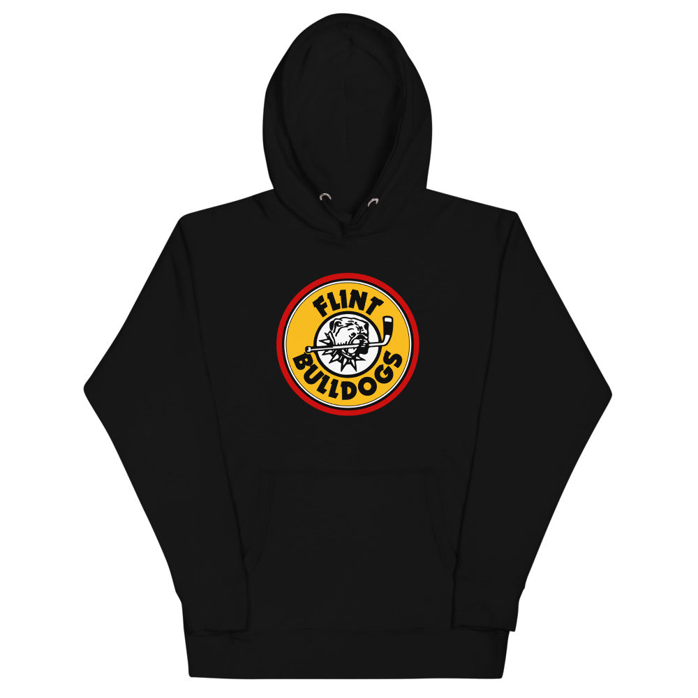 Flint Bulldogs Hoodie (Premium) with the round yellow and red bulldog logo on the front, view 2